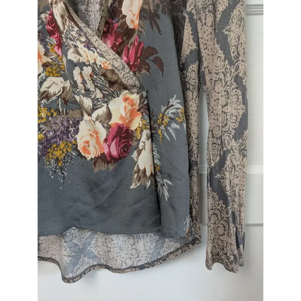 Tiny Anthropologie Floral Wrap Blouse Small Surplice Long Sleeve Gray - Picture 6 of 16